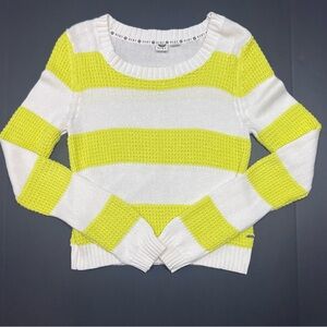 Roxy Neon Yellow Stripe Knit Sweater Size Large White Crewneck Beachy